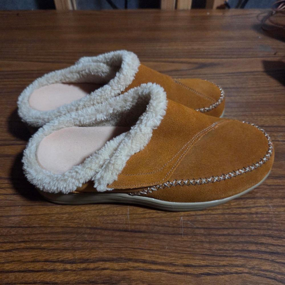 Orthofeet Margaret Womens 8 Suede Orthopedic Slippers Camel Brown Fur Mules